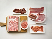 Various types of pork - sausages and ham