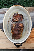 Roast pork in an old roasting tin