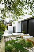 Modern residential house with dark wood-clad walls and urban front garden