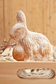 A baked Easter bunny dusted with icing sugar