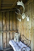 Roofed, rustic waiting area with delicate metal bench and antlers on board wall