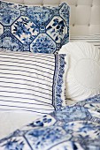 Nostalgic, white and blue bed linen with various patterns