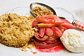 Rhubarb crumble with mascarpone cream on a plate
