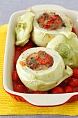 Stuffed kohlrabi filled with peppers in a tomato sauce