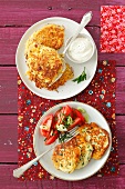 Ricotta cakes with tomato salad and pasta cakes with bacon and egg