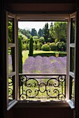View from balcony out to provencal garden with abundant lavender and cypress trees