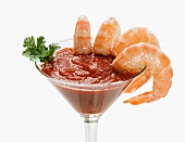Shrimp Cocktail Served in a Stem Glass; White Background
