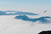 Blick auf wolkenverhangene Berglandschaft