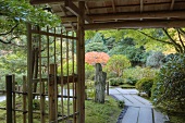 Überdachter Bereich mit Bambustor und -zaun im japanischen Tea Garden in Portland