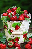 Freshly picked strawberries in a bucket decorated with strawberries