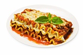 Serving of Lasagna with Meat Sauce and Cheese; White Background
