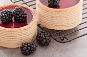 Small Baumkuchen (German layer cakes) with blackberry filling, with fresh blackberries and a cooling rack