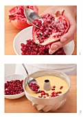 Pomegranate seeds being scooped out; the seeds being added to the cake