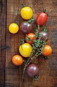 Various types of tomatoes with thyme