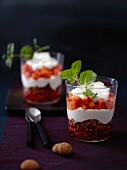 Desserts made with yogurt cream, pomegranate and papaya