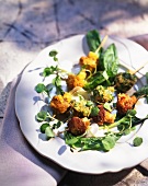 Mushroom kebabs with watercress