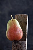 A wet pear on a wooden surface