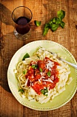 Pasta with Fresh Tomato Sauce, Basil and Parmesan Cheese; From Above