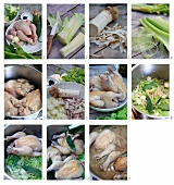 Cooked spring chicken with stock being prepared