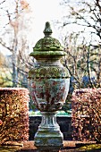 Antique, mossy urn flanked by clipped hedges