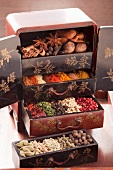 Various oriental spices in a mini drawer unit