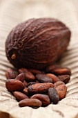 A cocoa pod and cocoa beans