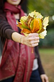 Junge Frau zeigt gesammelte Herbstblätter