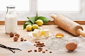 An arrangement of baking ingredients on a kitchen counter