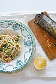 Ribbon pasta with smoked salmon, asparagus and dill