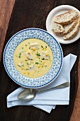 Chicken and corn chowder with bread