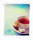 A cup of black tea with a sugar cup and a tea bag