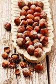 Hazelnuts in a wooden dish
