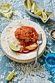 Fish with a pepper sauce, rice and limes