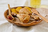 Chicken legs with fried bananas