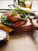 Duck leg with spring onions and rice (Asia)