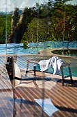 Geschwungener Infinitypool vor Savannenlandschaft, durch eine Glaswand gesehen