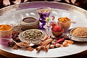 Various Indian spices on a tray