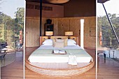 Blick durch offene Tür in elegantes Schlafzimmer mit Doppelbett auf geschwungenem Podest