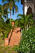 Exterior steps of red bricks leading to house in garden of palm trees