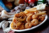 Fried Seafood Plate with French Fries; Ketchup and Tarter Sauce