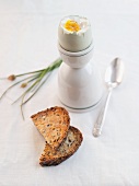 Gekochtes Ei im Eierbecher, daneben geröstetes Brot