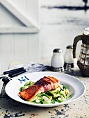 Pan-fried ocean trout with cucumber, mint and fetta salad