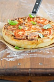 Deep Dish Pizza mit Basilikumblättern (Pizza mit hohem Rand, Chicago, USA)