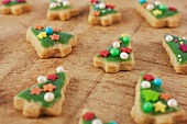 Green Christmas tree-shaped and decorated biscuits for Christmas