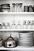 Kitchen shelves with glasses, crockery and a serving cloche