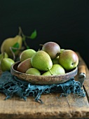 Forelle and Seckel Pears in a Wooden Bowl on a Rustic Wooden Table