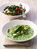 Creamed spinach with almonds, and chard with pomegranate seeds