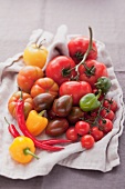 An assortment of tomatoes and chillies on a cloth