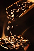 Freshly roasted coffee beans falling from a scoop