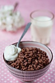 Chocolate crisped rice in a bowl with yoghurt